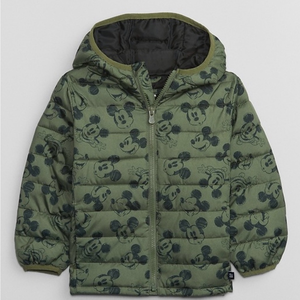 Like new! GAP Disney Mickey Camo Olive Puffer Jacket